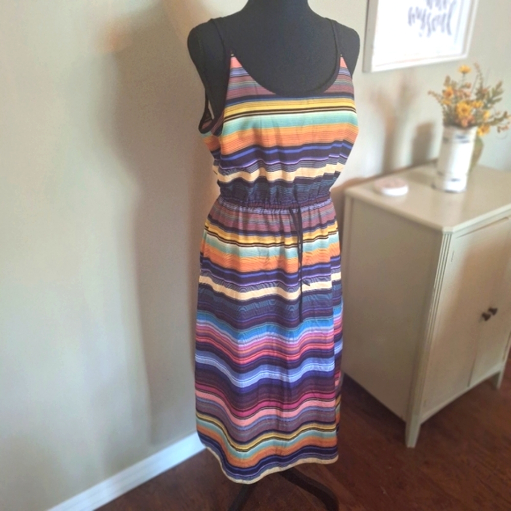 Athleta Multicolored Rainbow Havana Striped Summer Vacation Dress Sz S